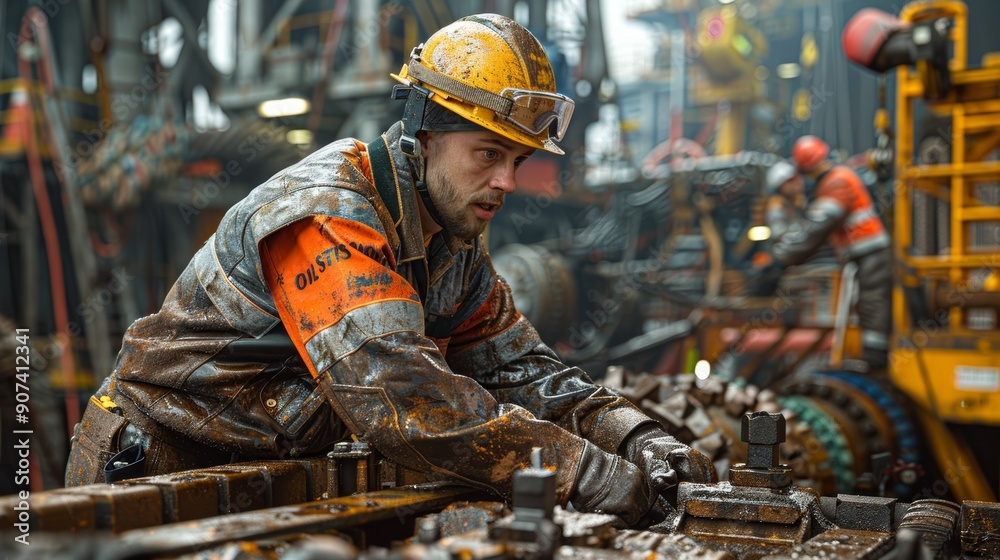 Worker in Protective Gear Performing Maintenance on Heavy Machinery at Offshore Oil Rig During Rainy Morning. Generative AI Worker in Protective Gear Performing Maintenance on Heavy Machinery at Offshore Oil Rig During Rainy Morning. Generative AI