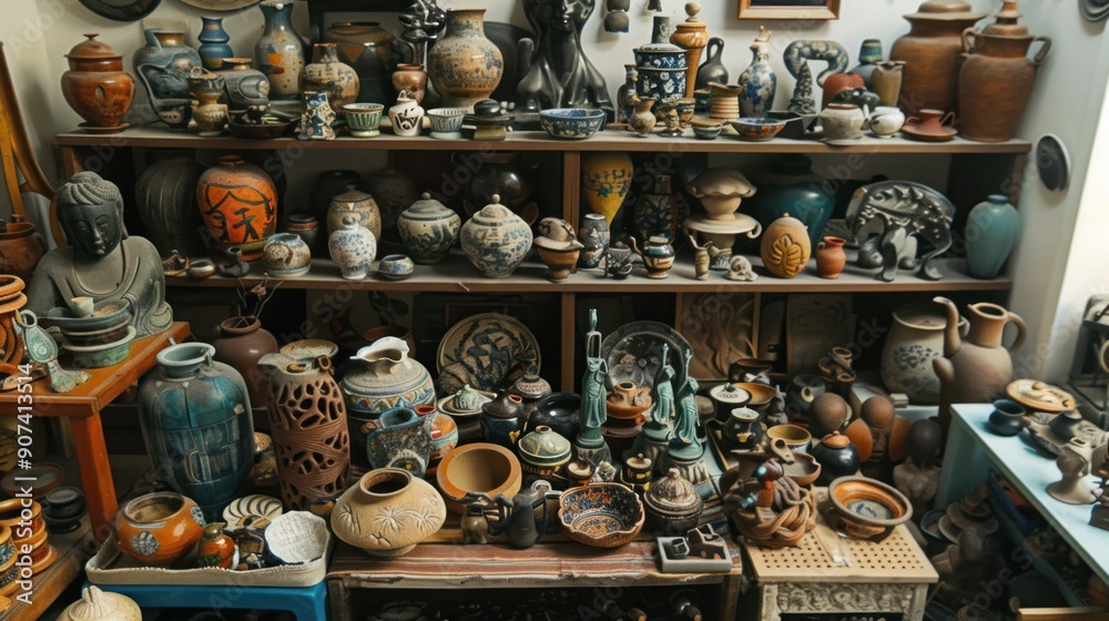 A collection of antique ceramics in a home. A collection of antique ceramics in a home.