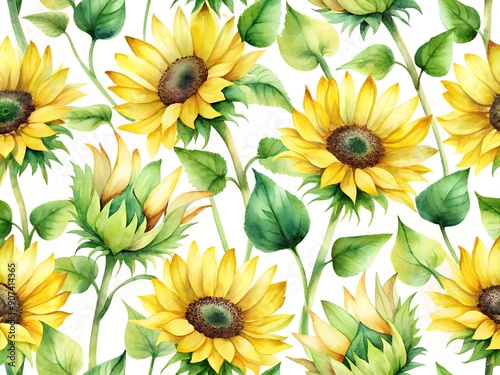 seamless pattern with sunflowers and leaves