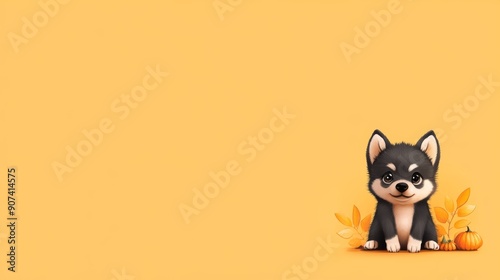 Autumn Puppy Love: A charming, cartoon-style illustration of a black and white puppy sitting amidst autumn leaves and pumpkins on a warm yellow background. This adorable image evokes feelings of warmt photo