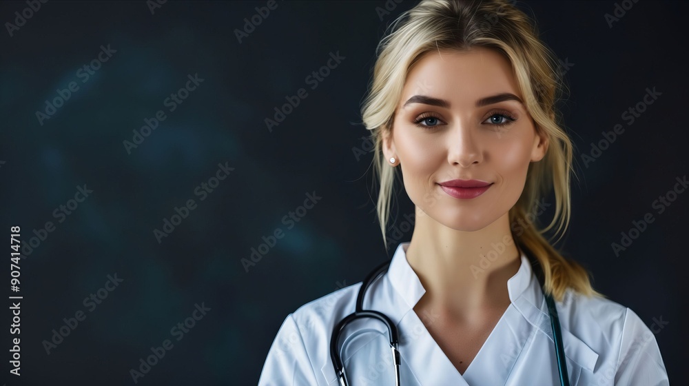 A woman in a white lab coat with a stethoscope on her neck A woman in a white lab coat with a stethoscope on her neck
