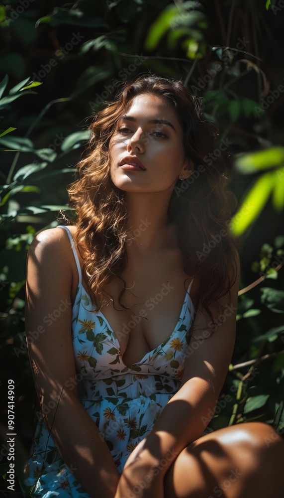 A woman in a blue dress sitting in the woods A woman in a blue dress sitting in the woods