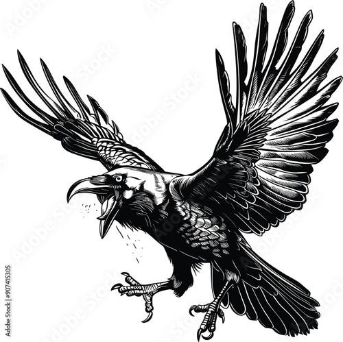 Aggressive Raven SVG, Crow Black Vector Illustration