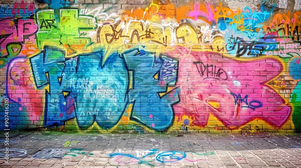 Vibrant urban street art colorful graffiti pattern beautifully displayed on a concrete wall Vibrant urban street art colorful graffiti pattern beautifully displayed on a concrete wall