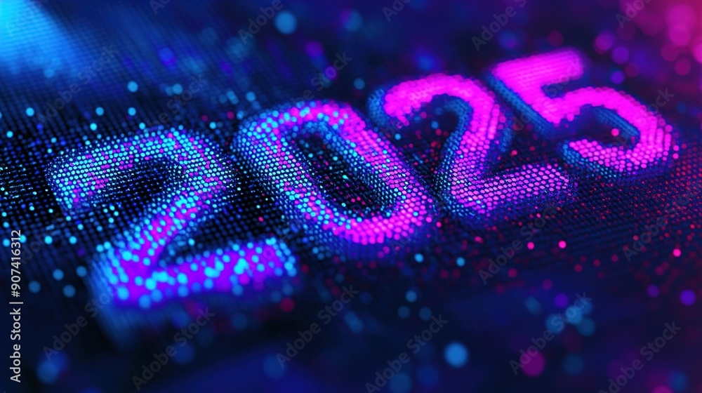 Abstract 2025 Happy New Year digital web banner template in futuristic glowing polygonal style on dark blue background.illustration Abstract 2025 Happy New Year digital web banner template in futuristic glowing polygonal style on dark blue background.illustration