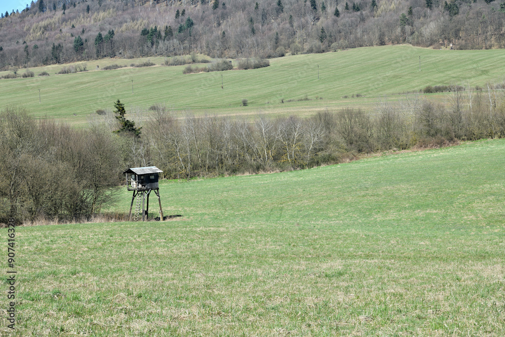 Hunting hidden observation point from wooden in meadow near forest
