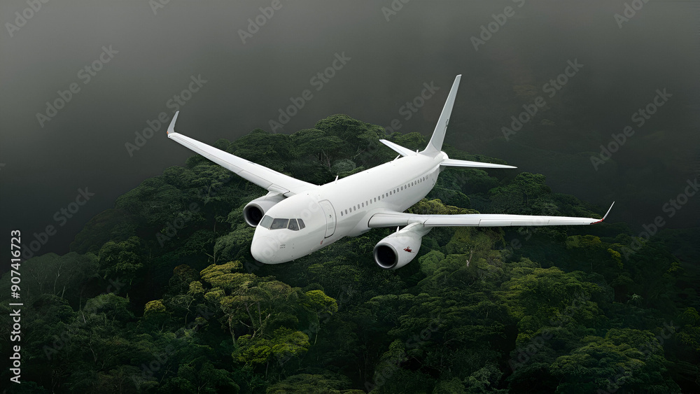 Fototapeta premium A sustainable aviation fuel concept showcases a white jet cruising over lush woodlands, offering a bird's-eye view of the airplane and its propellers against a setting of a shadowy, Generated ai