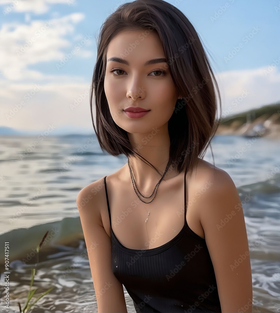 A woman in a black tank top standing in the water A woman in a black tank top standing in the water
