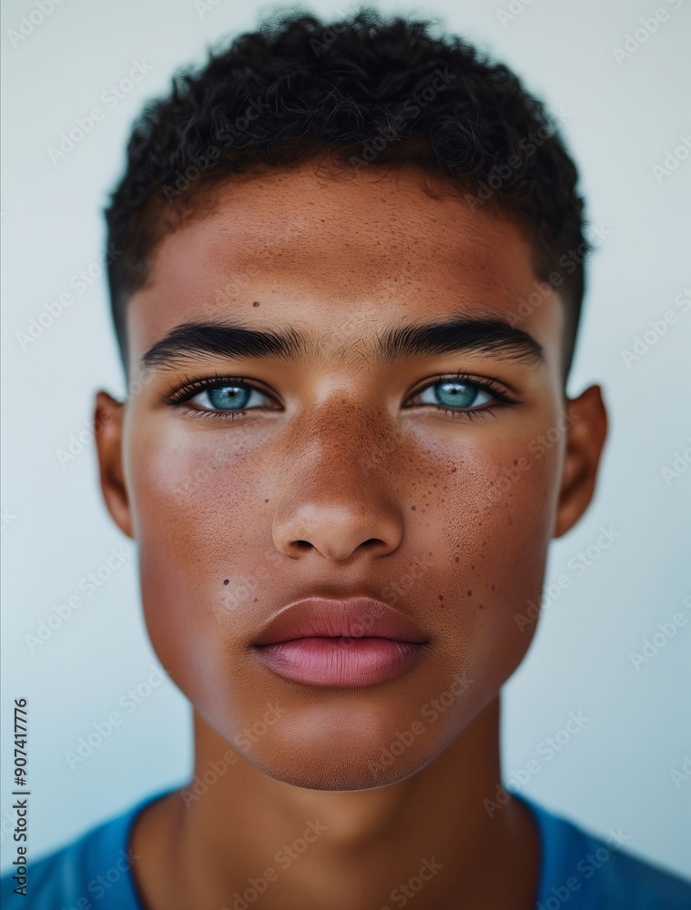 A young man with freckles on his face and blue eyes A young man with freckles on his face and blue eyes