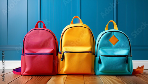  Colourful Children Schoolbags on Wooden Floor- Description- Brightly colored schoolbags wit_1(91)