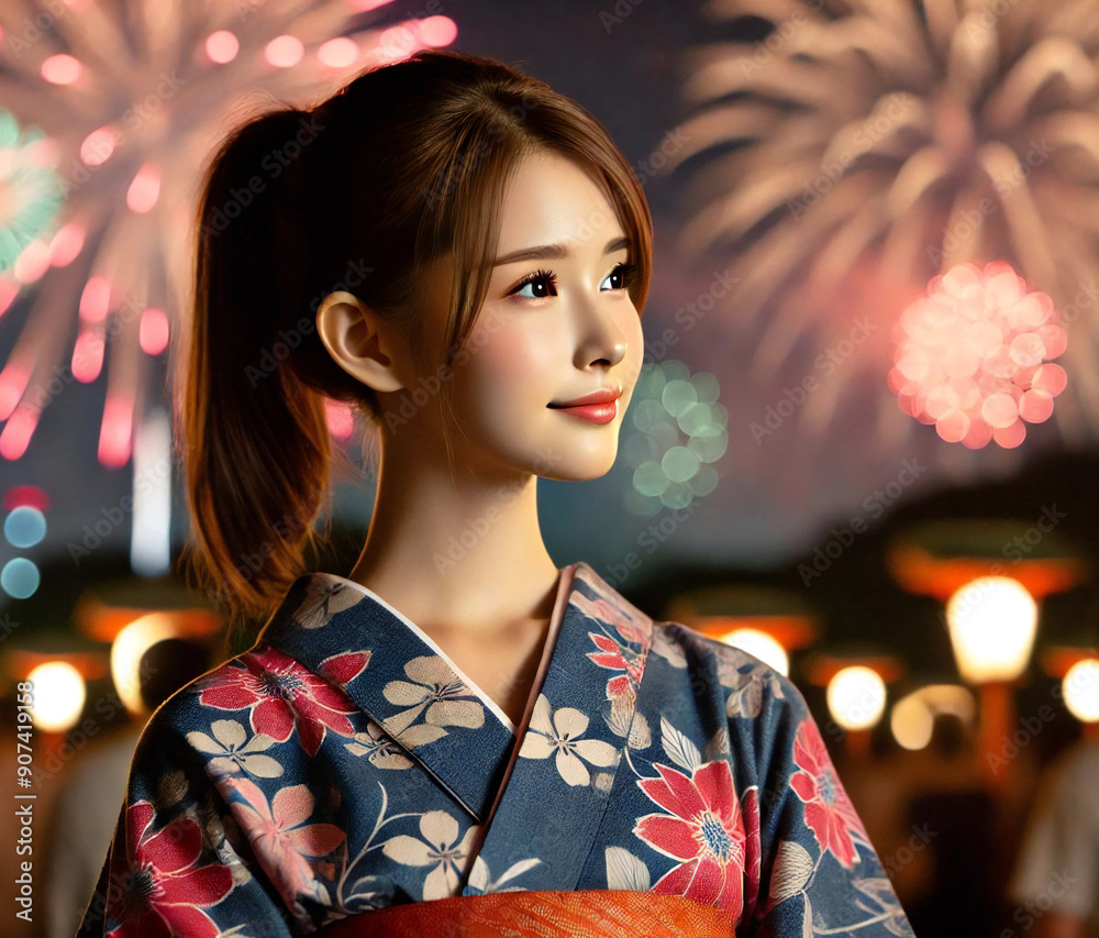 花火を鑑賞する浴衣の女性 花火を鑑賞する浴衣の女性