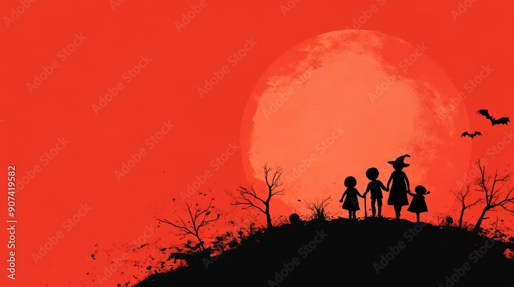 Obraz premium Silhouettes of Halloween Family Against Blood Moon 