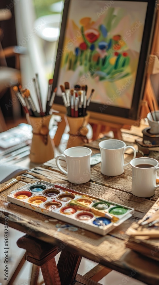 Watercolor Painting Supplies On Wooden Table. Watercolor Painting Supplies On Wooden Table.