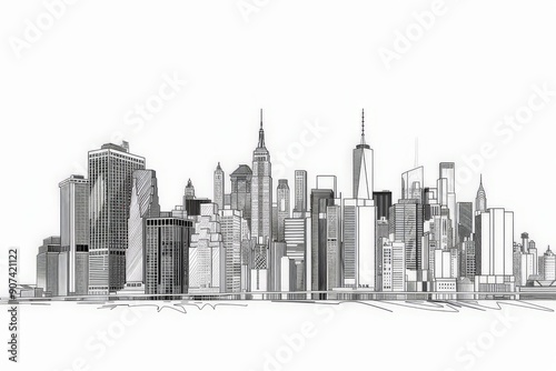 New York City Skyline editable thin outline illustration on white background