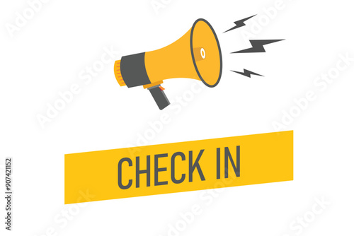 Check in button, banner, label, template for website. Check in text with colorful megaphone icon
