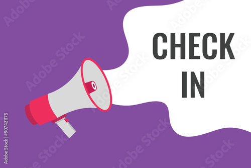 Check in button, banner, label, template for website. Check in text with colorful megaphone icon
