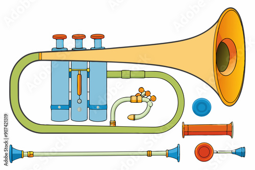 Trumpet musical instrument continuous line colourful vector