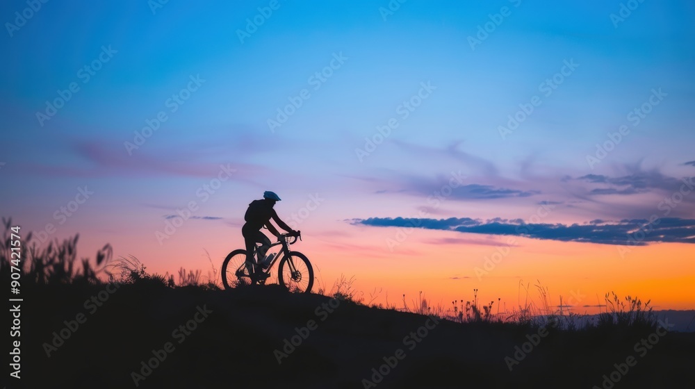 Obraz premium Serene Cyclist Silhouette: Riding on Hilltop at Dusk
