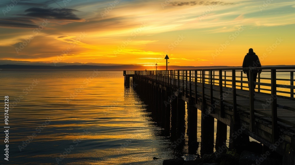Obraz premium Serene Silhouette of a Person Walking Along Pier at Sunset