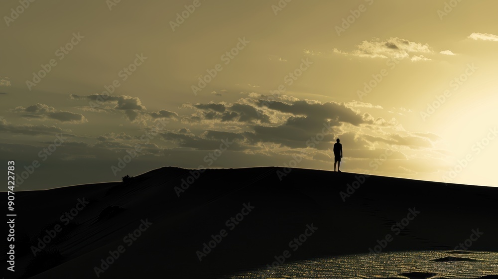 Serene Silhouette of a Person Standing on a Majestic Sand Dune at Dusk Serene Silhouette of a Person Standing on a Majestic Sand Dune at Dusk