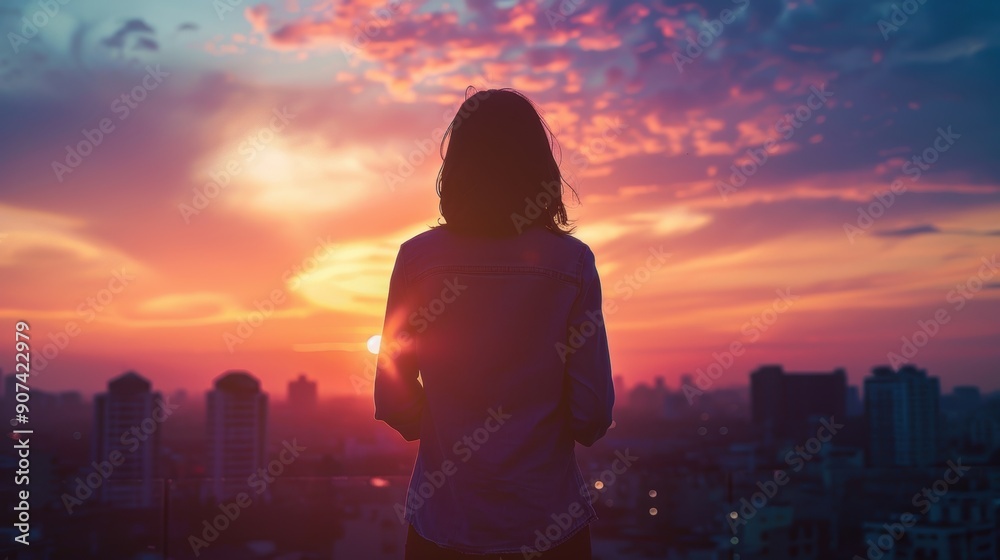 Fototapeta premium Serene Sunset Silhouette - Person Standing on Rooftop Enjoying Twilight Beauty
