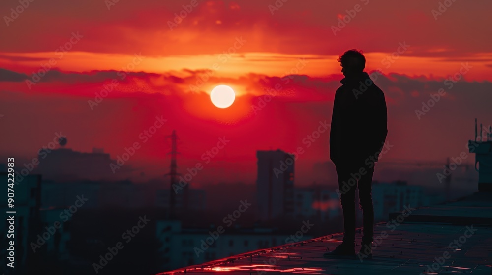 Fototapeta premium Silhouette of a person standing on a rooftop at sunset 