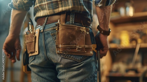 Worker with a tool belt performing home repairs photo