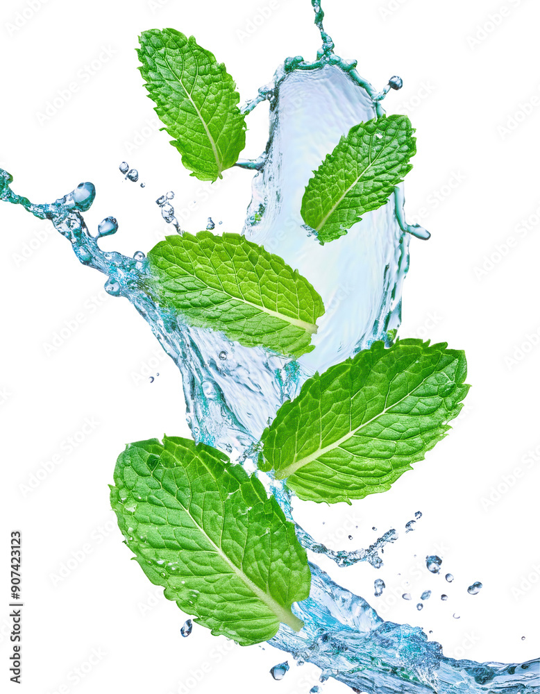 Fresh mint leaves splashing in crystal clear water, symbolizing purity, health, and nature's vitality. Isolated on transparent or white background. Fresh mint leaves splashing in crystal clear water, symbolizing purity, health, and nature's vitality. Isolated on transparent or white background.