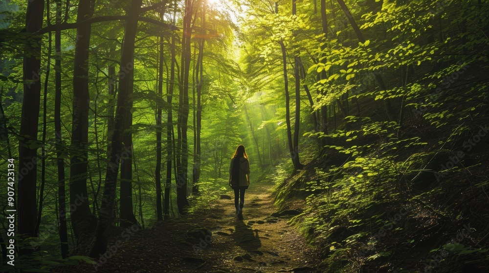 Solitude in Nature: Silhouette of a Person Standing on Forest Trail at Sunset Solitude in Nature: Silhouette of a Person Standing on Forest Trail at Sunset
