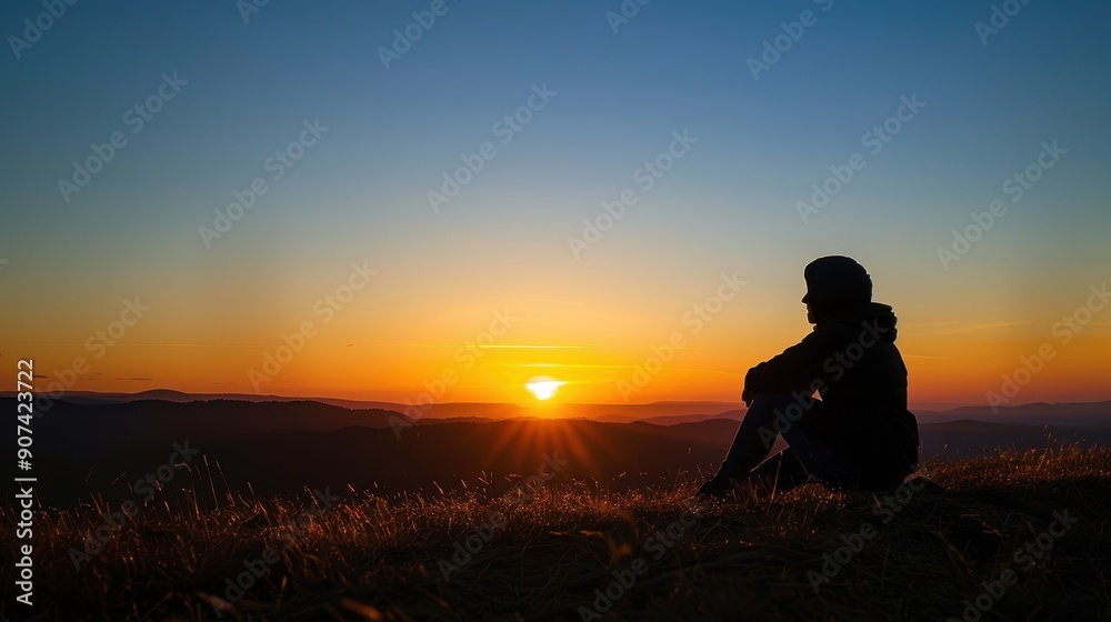 Serene Silhouette of a Person Sitting on Hills at Dawn Watching Sunrise Serene Silhouette of a Person Sitting on Hills at Dawn Watching Sunrise