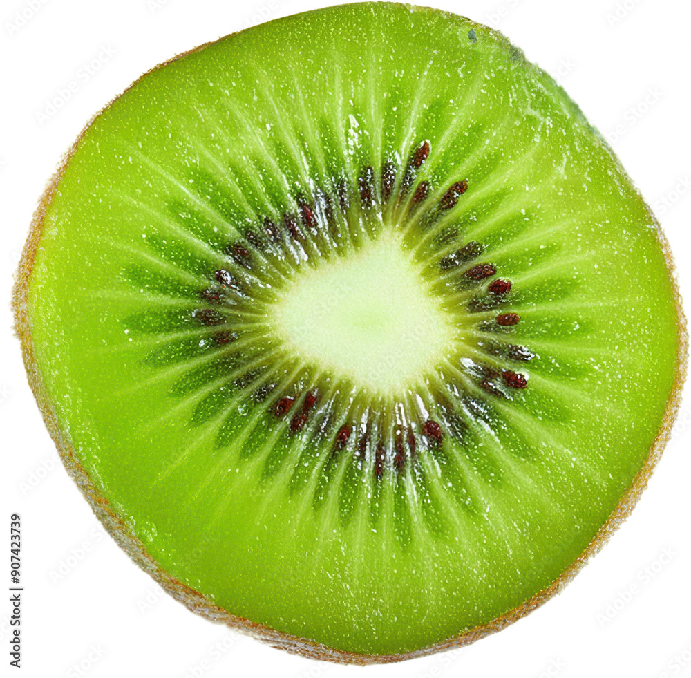 Fresh kiwi slice showcasing vibrant green flesh and unique texture, perfect for food photography or healthy lifestyle imagery. Fresh kiwi slice showcasing vibrant green flesh and unique texture, perfect for food photography or healthy lifestyle imagery.