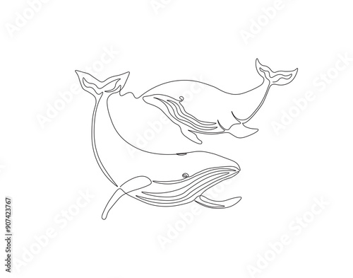 Continuous one line drawing of two blue whale swimming together. One line drawing illustration of blue whale swimming. Marine mammals concept line art. Editable outline.