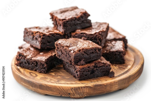 Irresistible Home-Made Chocolate Brownie Bites on a Wooden Plate, a Delectable Dessert Delicacy on White Background