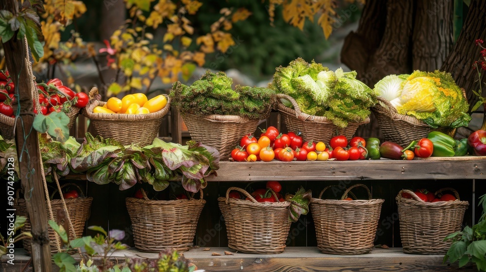 A variety of fresh produce, including tomatoes, peppers, lettuce, and yellow fruit, are displayed in wicker baskets on wooden shelves. The baskets are arranged in two rows, and the produce is neatly o A variety of fresh produce, including tomatoes, peppers, lettuce, and yellow fruit, are displayed in wicker baskets on wooden shelves. The baskets are arranged in two rows, and the produce is neatly o