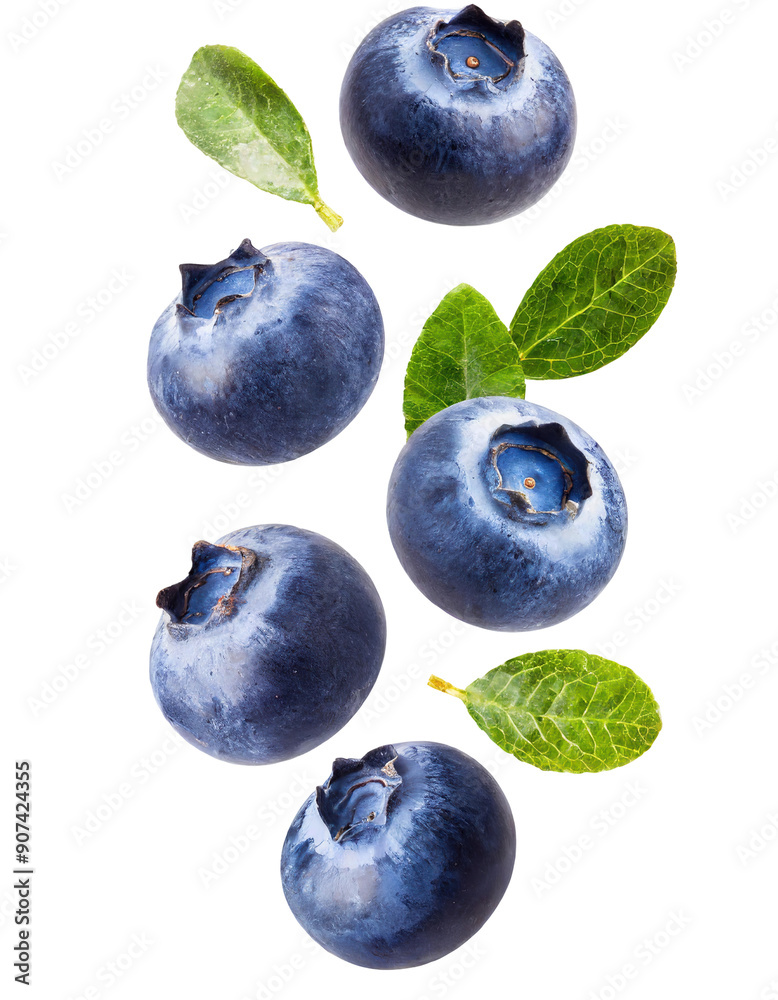 Obraz premium Fresh blueberries with green leaves, ideal for healthy recipes and nutritional content imagery.