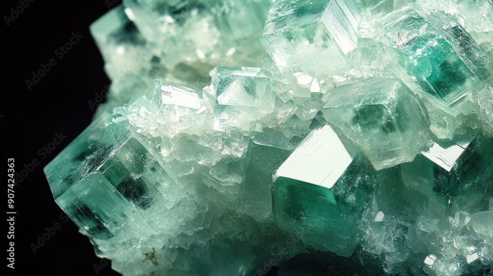 Obraz premium Close up shot detailed aquamarine crystal mineral stone. shiny surface of precious stone mineral crystals in the natural environment