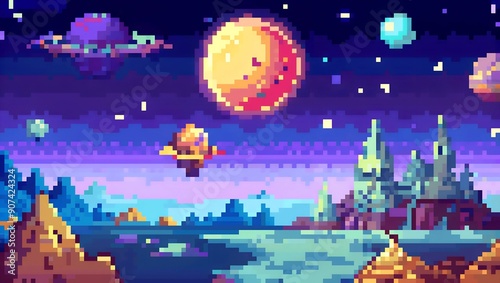 Alien planet space landscape pixel art background. 8-bit game assets