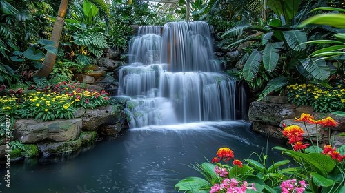cascading waterfall surrounded by lush greenery blooming flowers creating tranquil oasis
