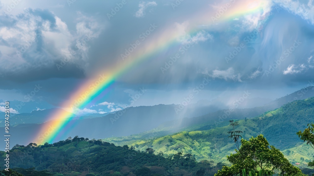 colorful rainbow arching across sky after refreshing rain shower bringing hope rainy season colorful rainbow arching across sky after refreshing rain shower bringing hope rainy season