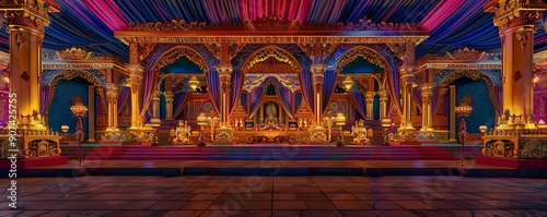 An intricately designed Navaratri pandal with traditional motifs, vibrant colors, and elegant lighting, creating a festive ambiance. photo