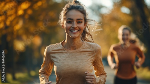 Cheerful young athletes running together in a park, smiling and motivating each other, showcasing the joy of group fitness