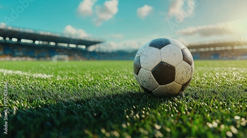 A soccer ball sitting on the pristine green field of a stadium, with the anticipation of a high-stakes match in the air