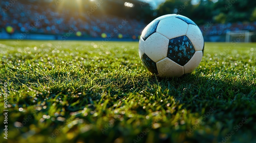 Obraz premium A soccer ball on the vibrant green grass of a soccer stadium, positioned perfectly for a free kick with the crowd in the stands
