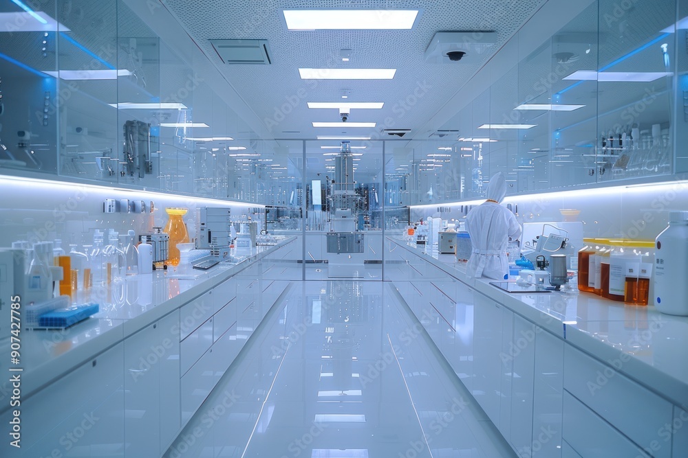 Modern Laboratory Interior with Scientist in White Lab Coat.