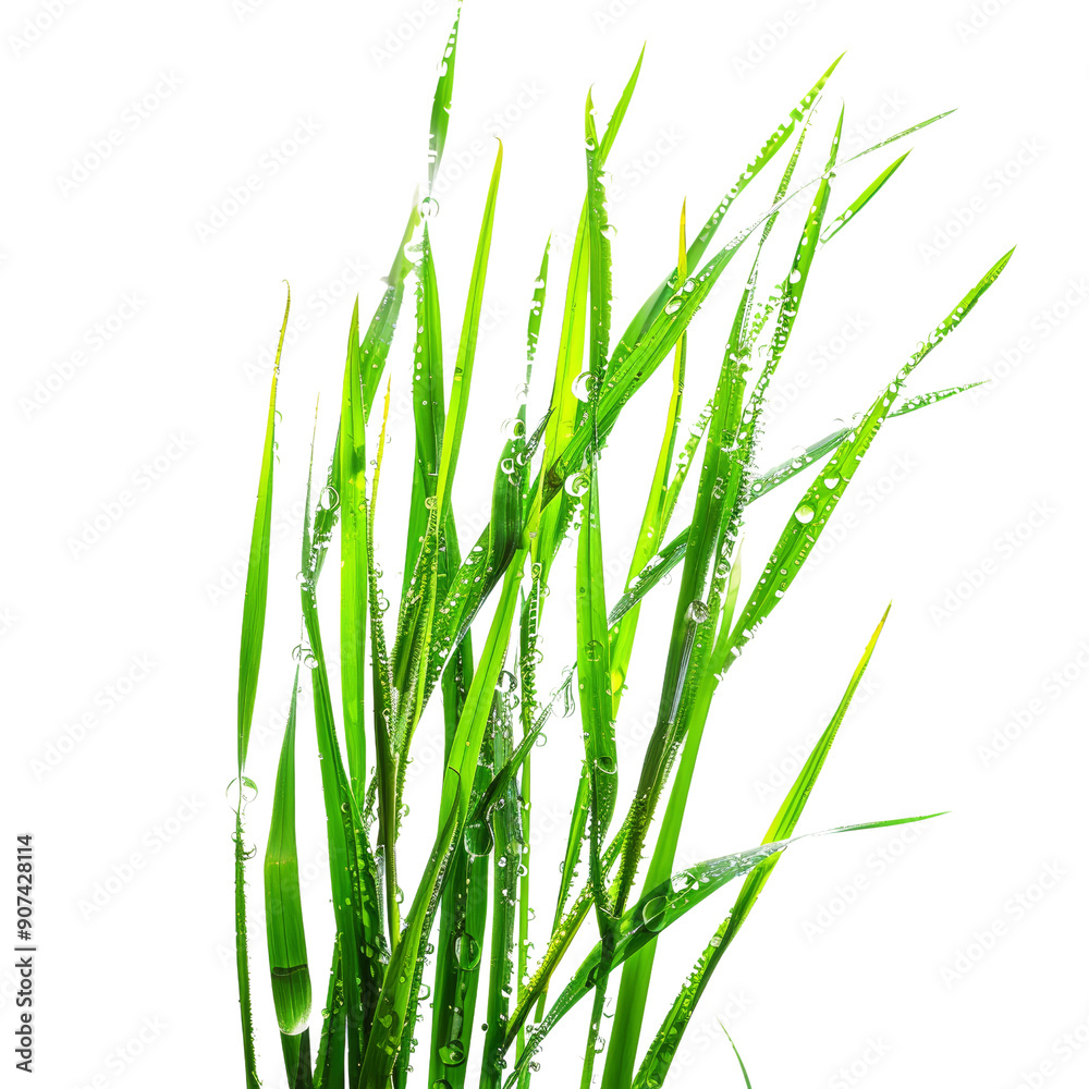 Naklejka premium Fresh Green Grass Blades with Dew Drops Isolated on Black Background