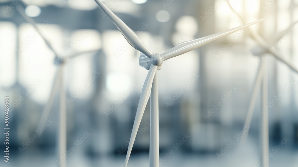 Wind turbines supplying power to an advanced automated manufacturing plant, Renewable Factory Software, clean energy in industrial automation Wind turbines supplying power to an advanced automated manufacturing plant, Renewable Factory Software, clean energy in industrial automation