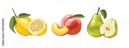 Fruit in Hand-drawn style set ,Lemon, Peach, Pear. Drawing of food elements for design menu label packaging . icons vector illustration