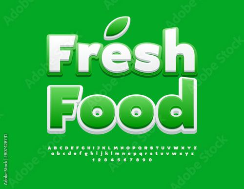 Vector ecologic template Regional Food. Modern Bright Font. White and Green Alphabet Letters and Numbers set.