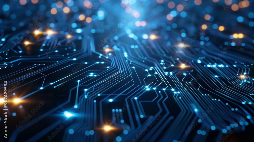 Abstract digital network circuit board background banner with glowing light and connecting data dots in blue and black colors. Big data technology concept. Abstract digital network circuit board background banner with glowing light and connecting data dots in blue and black colors. Big data technology concept.