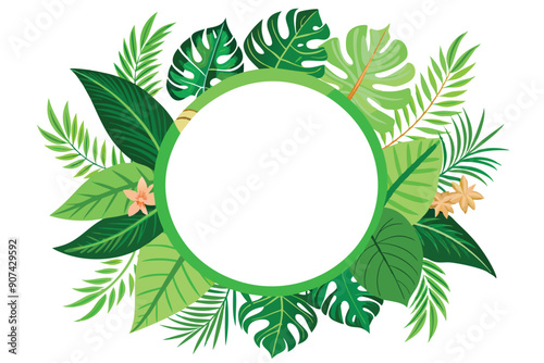 Green Tropical Leaves Bordering a White Circle